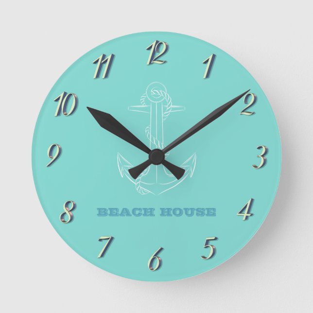 Beach House,Anchor,Mint Green   Round Clock (Front)
