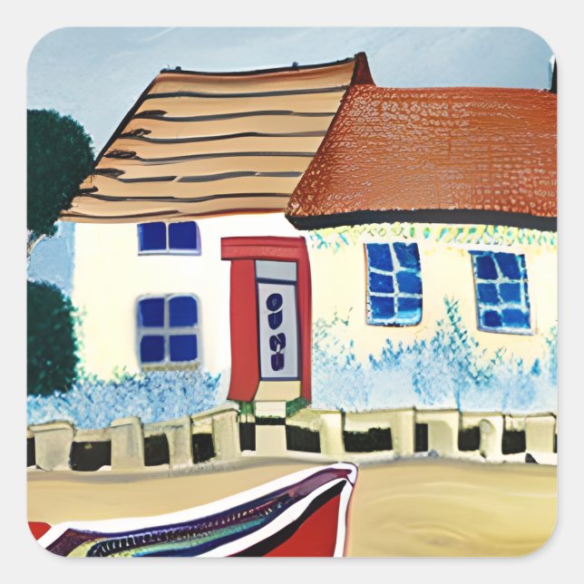 Beach House and Boat Abstract Illustration Square Sticker (Front)
