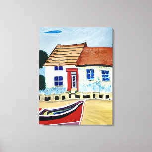 Beach House and Boat on Sandy Beach Canvas Print