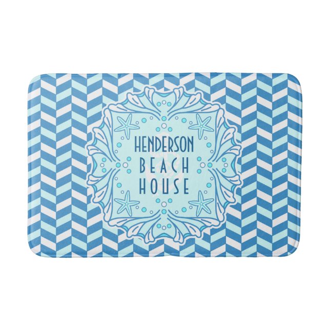 Beach House Art Deco Shell and Herringbone Custom Bath Mat (Front)