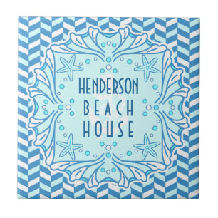 Beach House Art Deco Shell and Herringbone Custom Ceramic Tile
