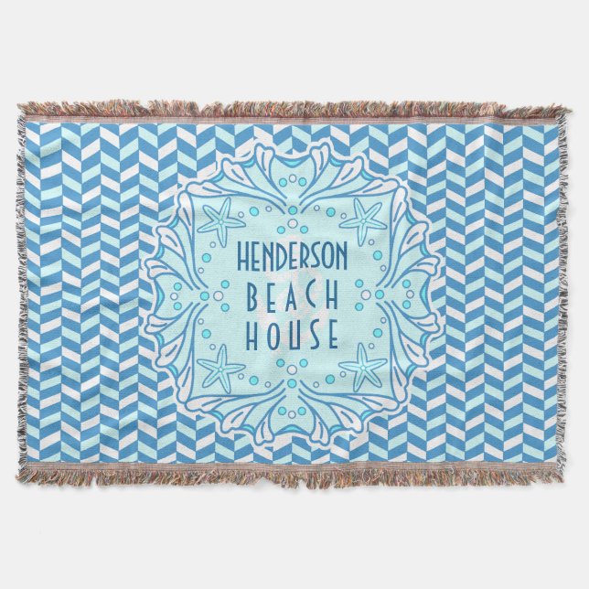 Beach House Art Deco Shell and Herringbone Custom Throw Blanket (Front)