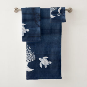 Beach House Bath Navy White Seahorse Turtle Coral Bath Towel Set