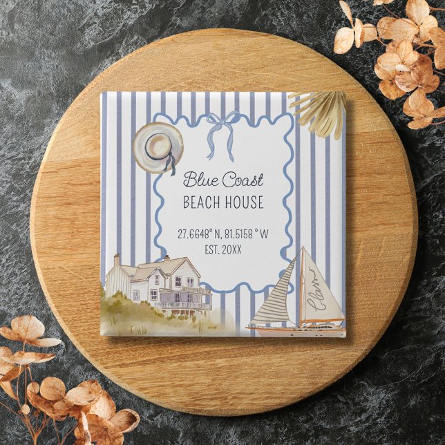 Beach House Blue Coastal Chic Blue Stripes 15 Cm Square Badge (In situ)