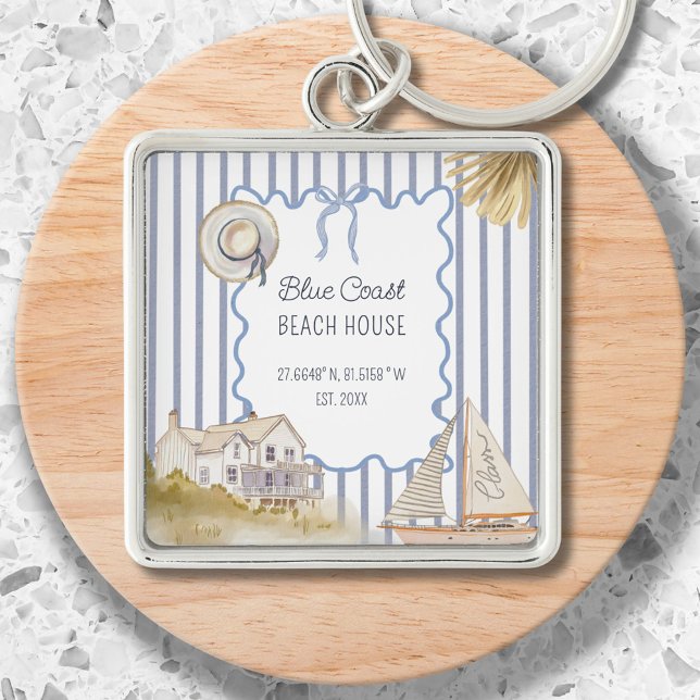 Beach House Blue Coastal Chic Blue Stripes Key Ring (In situ)