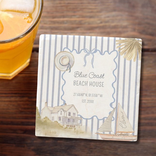 Beach House Blue Coastal Chic Blue Stripes Stone Coaster (In situ)