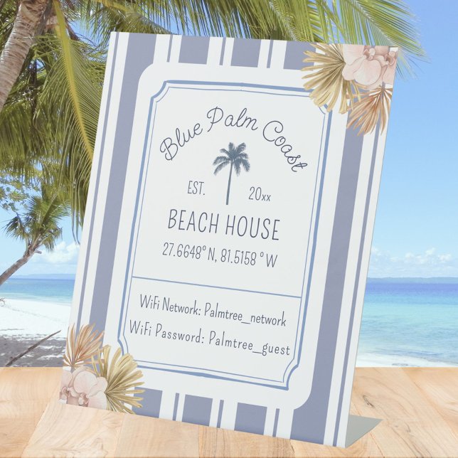 Beach House Blue Strip Coastal Boho Farmhouse Wifi Pedestal Sign (In situ)
