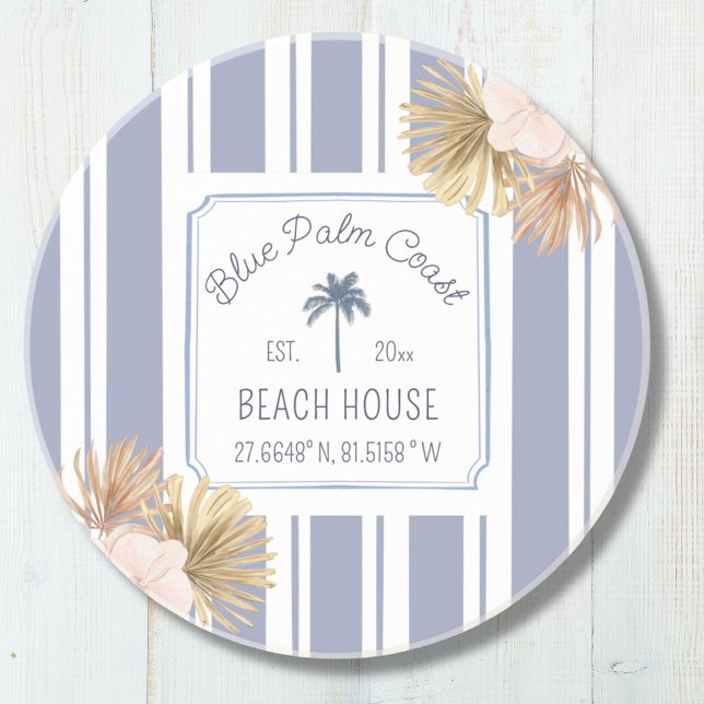 Beach House Blue Stripes Coastal Boho Farmhouse Coaster (In situ)