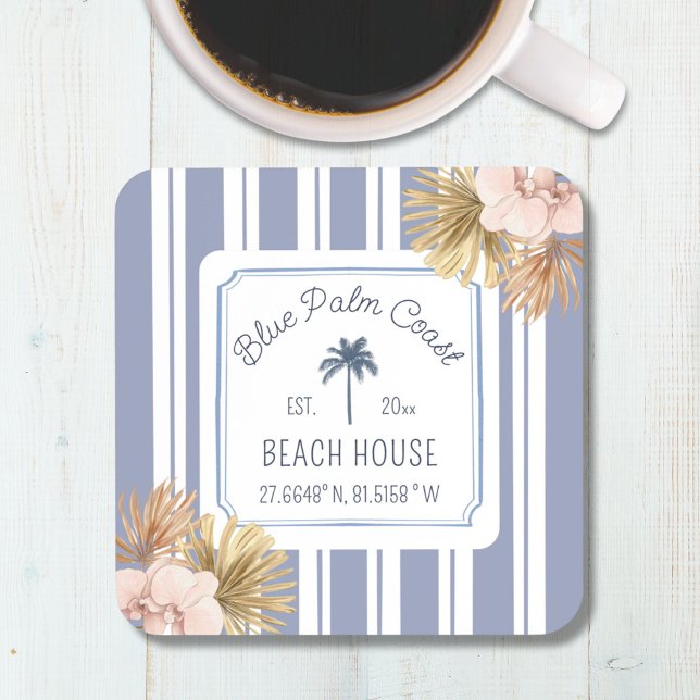 Beach House Blue Stripes Coastal Boho Farmhouse Coaster (In situ)