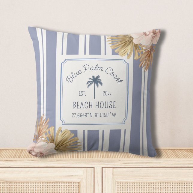 Beach House Blue Stripes Coastal Boho Farmhouse Cushion (In situ)