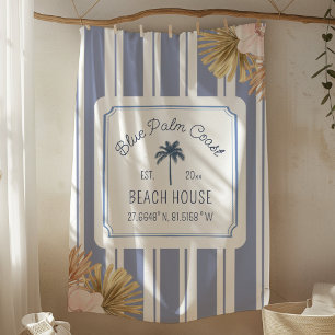 Beach House Blue Stripes Coastal Boho Farmhouse Fleece Blanket
