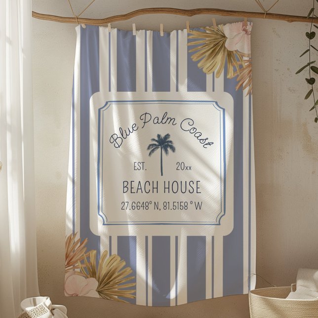 Beach House Blue Stripes Coastal Boho Farmhouse Fleece Blanket (In situ)