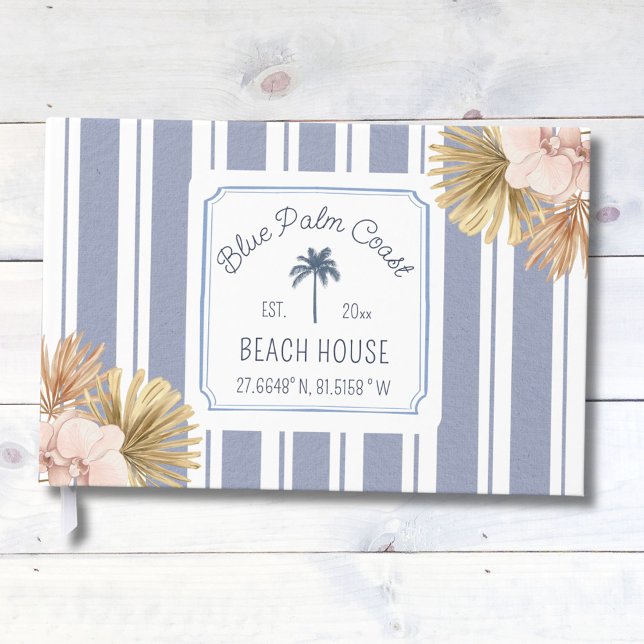 Beach House Blue Stripes Coastal Boho Farmhouse Guest Book (Close up)