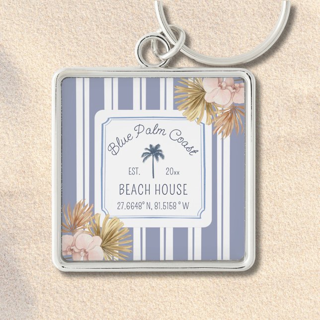 Beach House Blue Stripes Coastal Boho Farmhouse Key Ring (In situ)