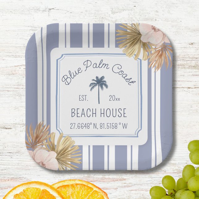 Beach House Blue Stripes Coastal Boho Farmhouse Paper Plate (In situ)