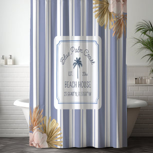 Beach House Blue Stripes Coastal Boho Farmhouse Shower Curtain