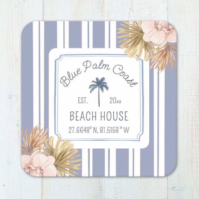 Beach House Blue Stripes Coastal Boho Farmhouse Square Paper Coaster (In situ)