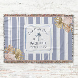 Beach House Blue Stripes Coastal Boho Farmhouse Throw Blanket