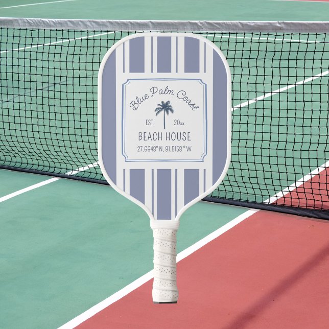 Beach House Blue Stripes Coastal Farmhouse Pickleball Paddle (In situ)
