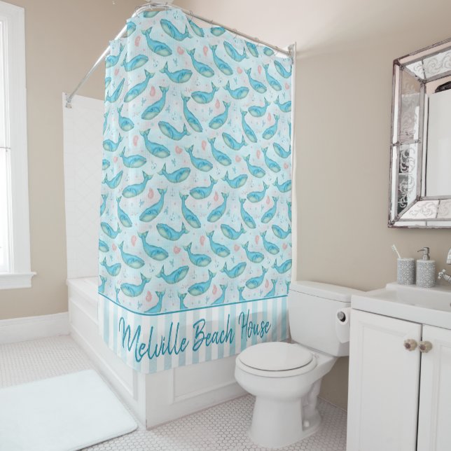 Beach House Blue Whale Nautical | Personalised Shower Curtain (In Situ)