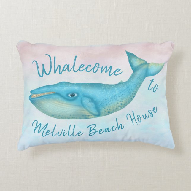 Beach House Blue Whale Nautical Whalecome | Name Decorative Cushion (Front)