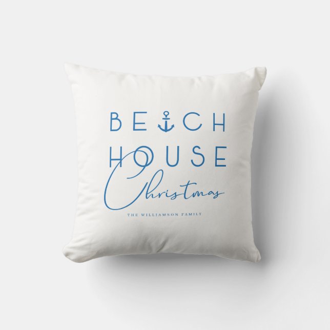 Beach House Christmas Coastal Blue Nautical Ocean Cushion (Front)