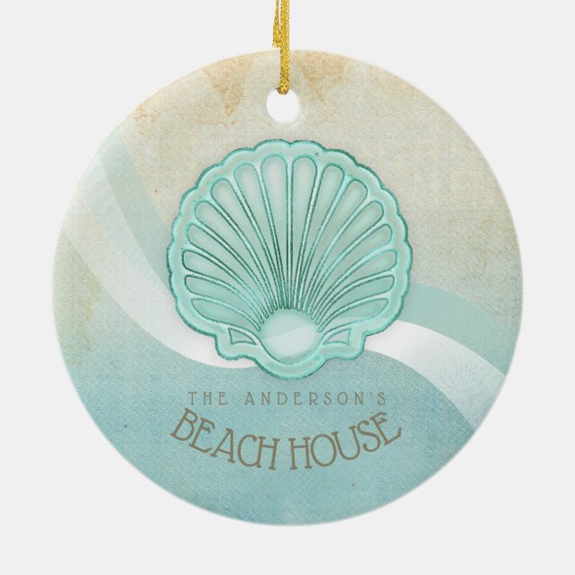 Beach House Clam Shell Aqua Blue ID623 Ceramic Ornament (Back)