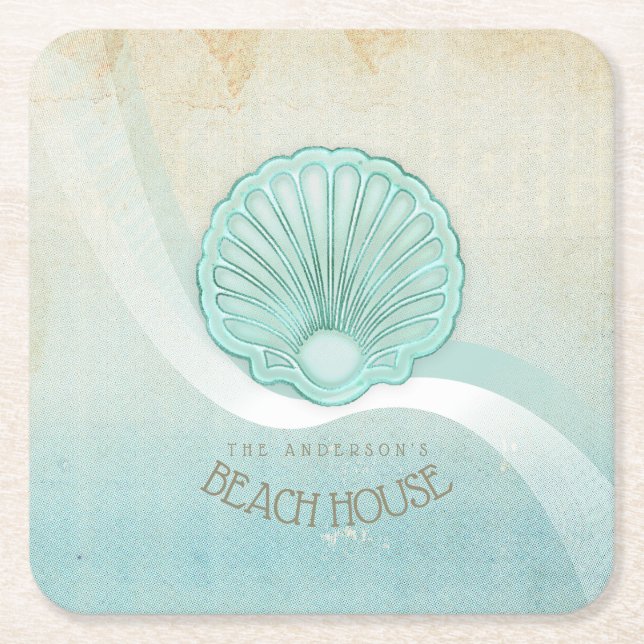 Beach House Clam Shell Aqua Blue ID623 Square Paper Coaster (Front)