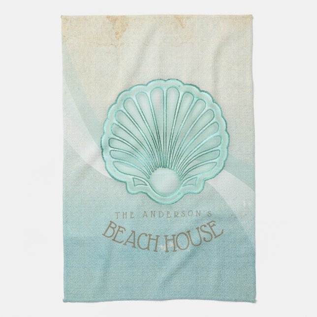 Beach House Clam Shell Aqua Blue ID623 Tea Towel (Vertical)