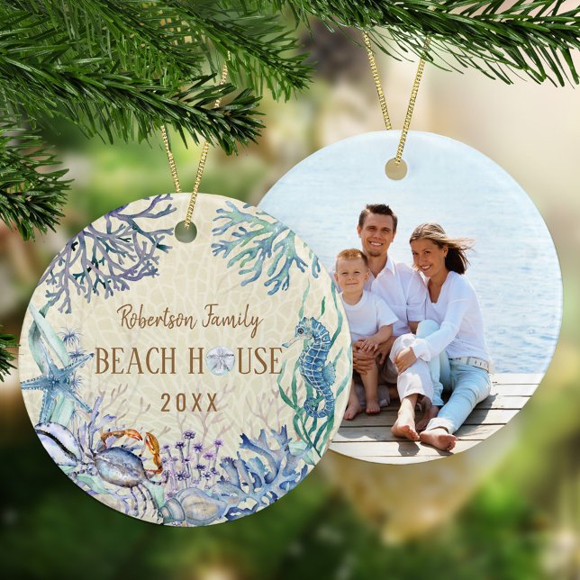 Beach House Coastal Christmas Photo Ceramic Ornament (Creator Uploaded)