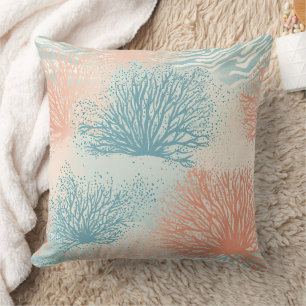 Beach House Coral Blue Beige Coastal Cushion