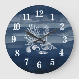 Beach House Coral Seahorse Navy Blue Large Clock