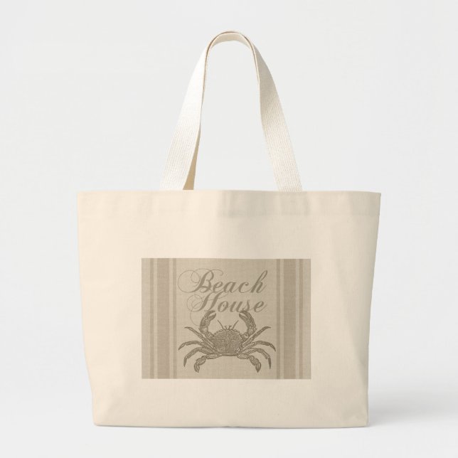 Beach House Crab Seashore Coastal Vintage Large Tote Bag (Front)