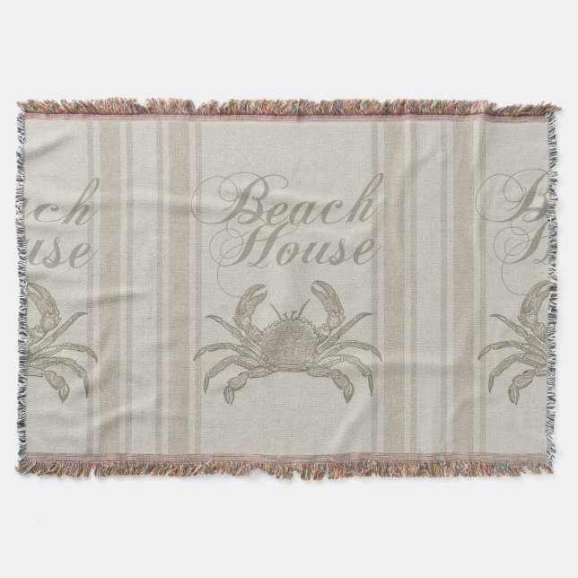 Beach House Crab Seashore Coastal Vintage Throw Blanket (Front)