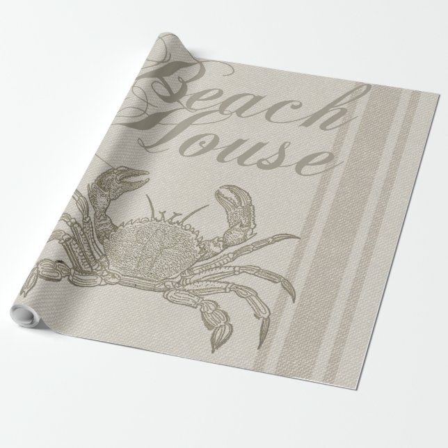Beach House Crab Seashore Coastal Vintage Wrapping Paper (Unrolled)