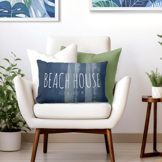 Beach House Custom Coordinates Navy Lumbar Cushion (Add your own Beach House map co-ordinates to this Totally Coast throw pillow.)
