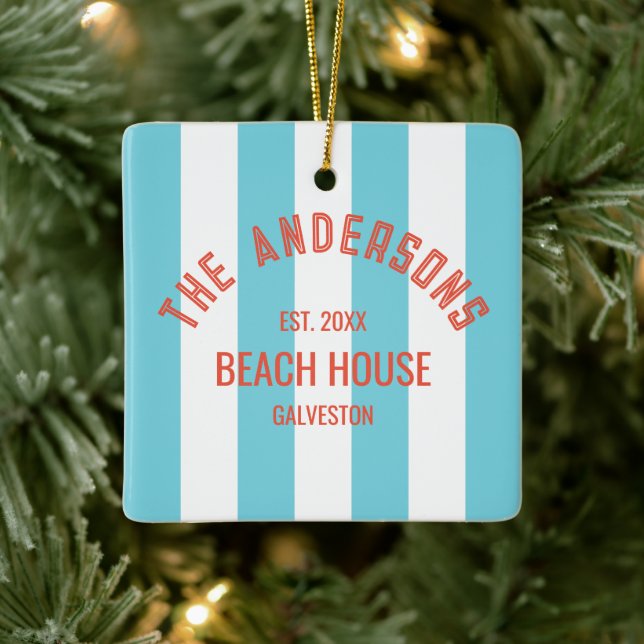 Beach House Custom Name Blue Cabana Stripe Ceramic Ornament (Tree)