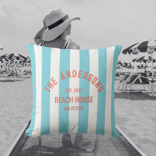 Beach House Custom Name Blue Cabana Stripe Cushion