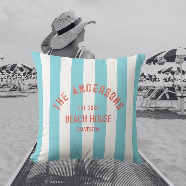 Beach House Custom Name Blue Cabana Stripe Cushion (Creator Uploaded)
