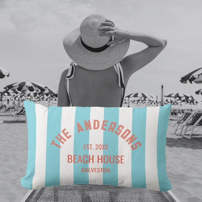 Beach House Custom Name Blue Cabana Stripe Lumbar Cushion (Creator Uploaded)