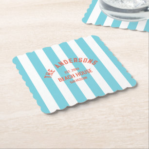 Beach House Custom Name Blue Cabana Stripe Paper Coaster