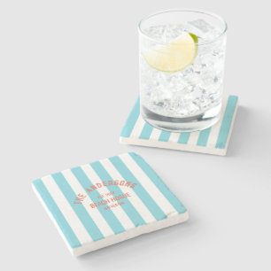 Beach House Custom Name Blue Cabana Stripe Stone Coaster