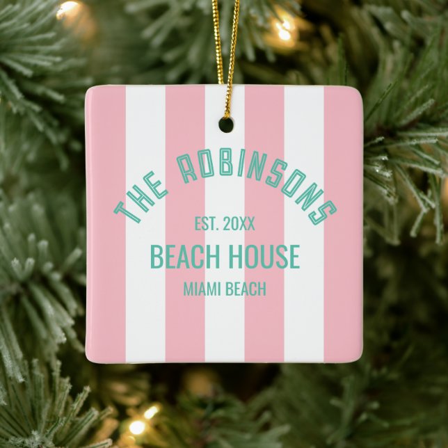 Beach House Custom Name Pink Cabana Stripe Ceramic Ornament (Tree)