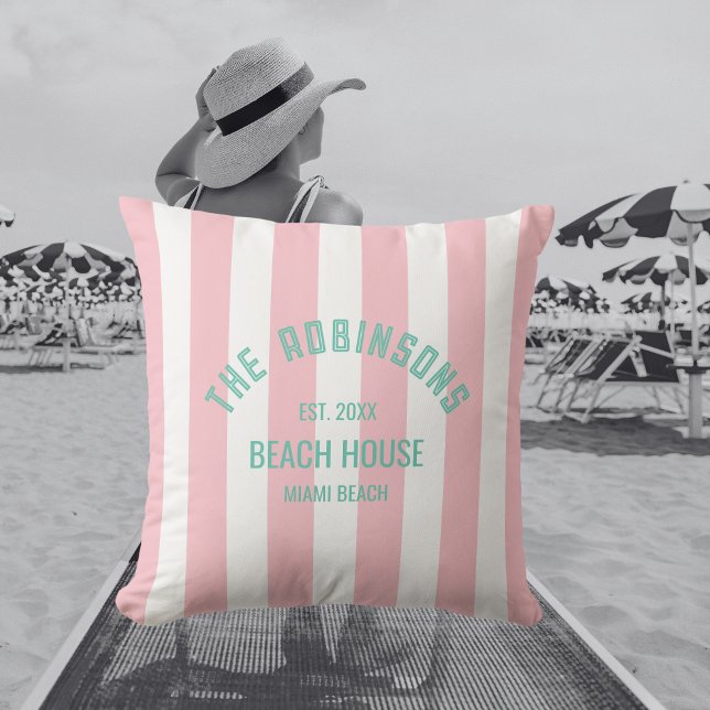 Beach House Custom Name Pink Cabana Stripe Cushion (Creator Uploaded)