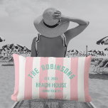 Beach House Custom Name Pink Cabana Stripe Lumbar Cushion<br><div class="desc">Te perfect personalised throw pillow for your beach house... Pink cabana stripes with Miami teal custom family beach house logo. Personalise with the details of your beach house... family name, established year and location. The perfect addition to your beach house living room, garden, poolside or for binging a bit of...</div>