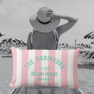 Beach House Custom Name Pink Cabana Stripe Lumbar Cushion