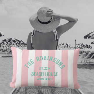 Beach House Custom Name Pink Cabana Stripe Lumbar Cushion
