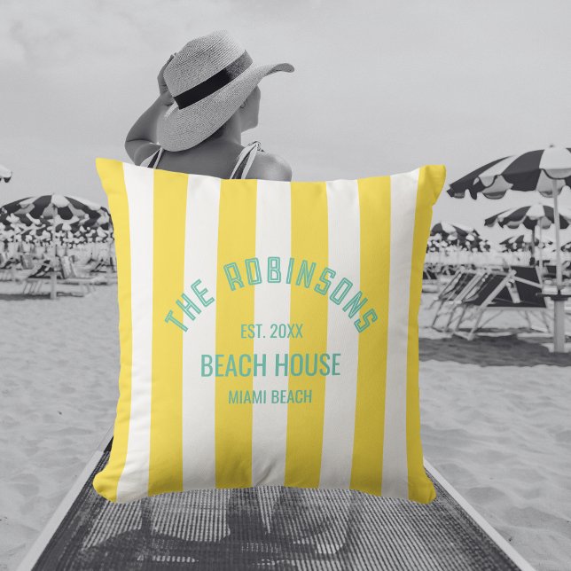 Beach House Custom Name Yellow Cabana Stripe Cushion (Creator Uploaded)
