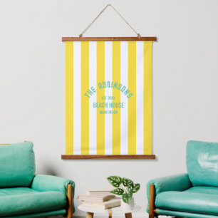Beach House Custom Name Yellow Cabana Stripe Hanging Tapestry