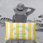 Beach House Custom Name Yellow Cabana Stripe Lumbar Cushion<br><div class="desc">Te perfect personalised throw pillow for your beach house... Yellow cabana stripes with Miami teal custom family beach house logo. Personalise with the details of your beach house... family name, established year and location. The perfect addition to your beach house living room, garden, poolside or for binging a bit of...</div>